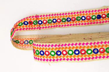 Beige Multicoloured Indian Mirror Trim, Kutch Embroidered Navratri Garba Dress Trim Bridal Lace, Indian Sari Border 38 mm Wide Trim Per Yard